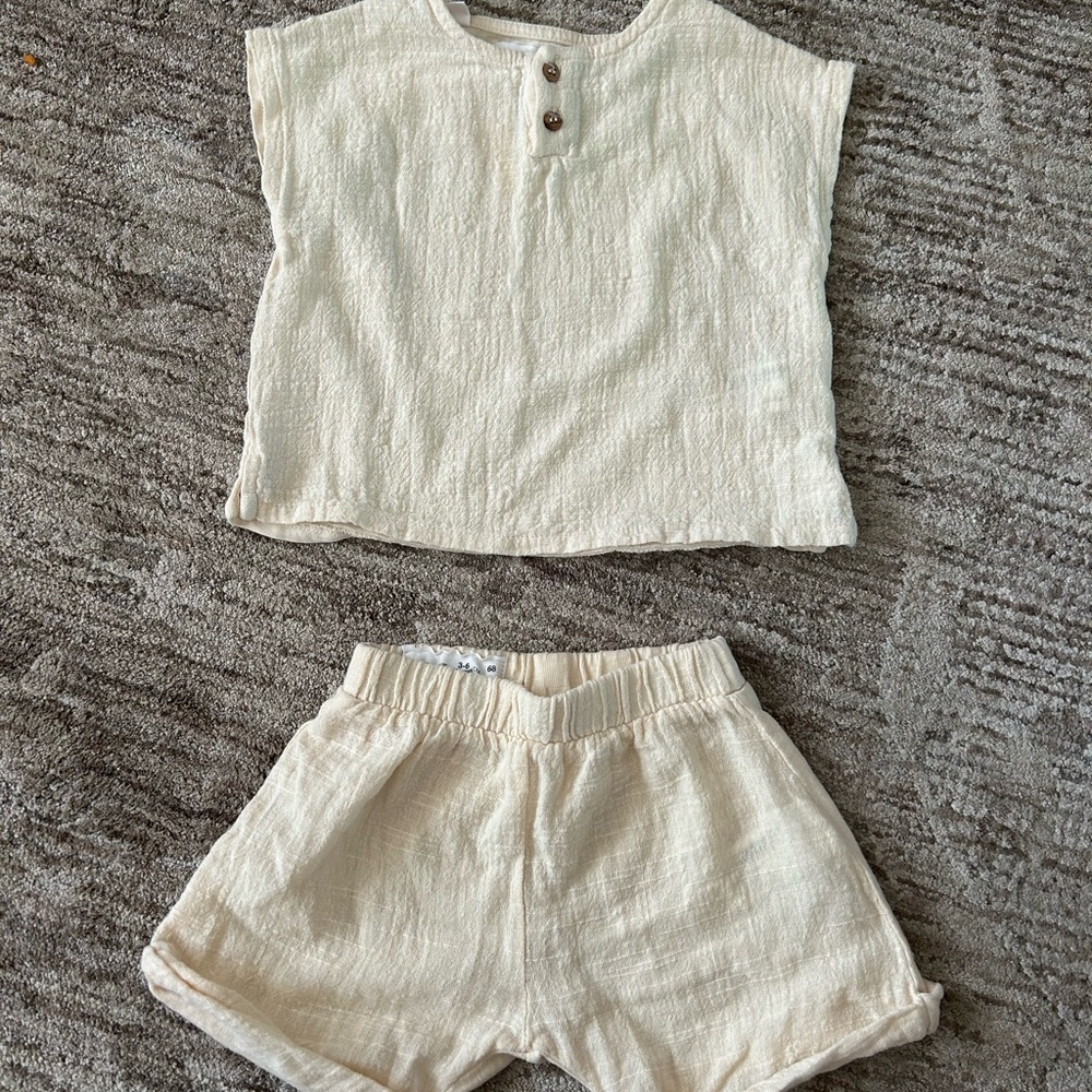 Zara Cream Textured Henley Top with Wood Buttons and matching shorts